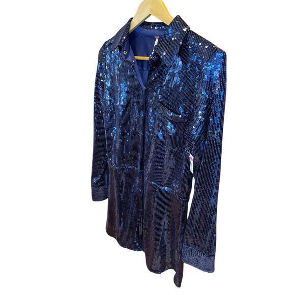 NWT Free People Sophie‎ Sequin Mini Dress Navy Blue Longsleeve Button Up Dress S - Picture 7 of 16